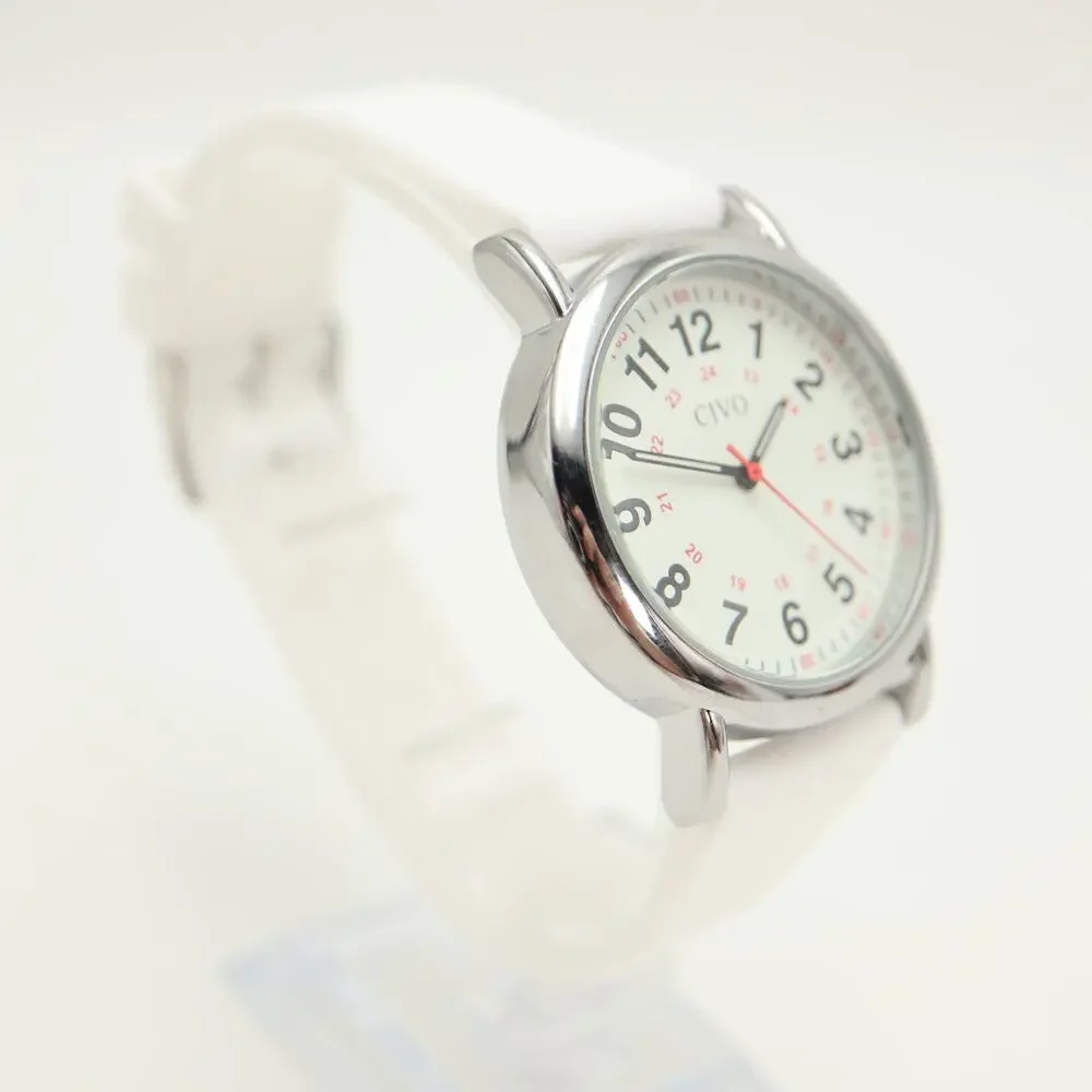 Civo Classic Easy Read Silver Tone Watch White Silicone Strap w New Battery